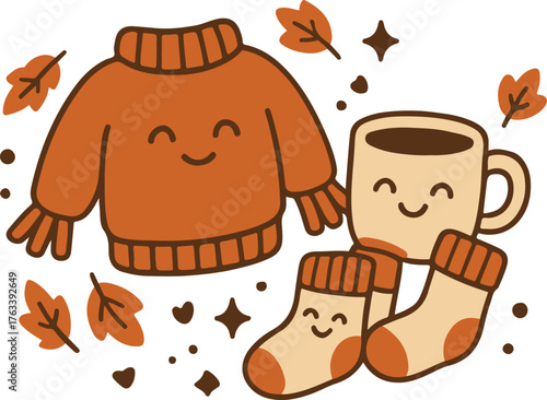 Cute Cartoon Sweater, Mug, and Socks with Autumn Leaves in Flat Vector Style