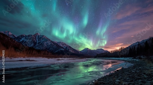 Aurora Borealis Over Mountain River Landscape