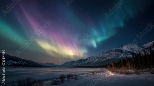 Aurora Borealis Over Winter Mountains Landscape