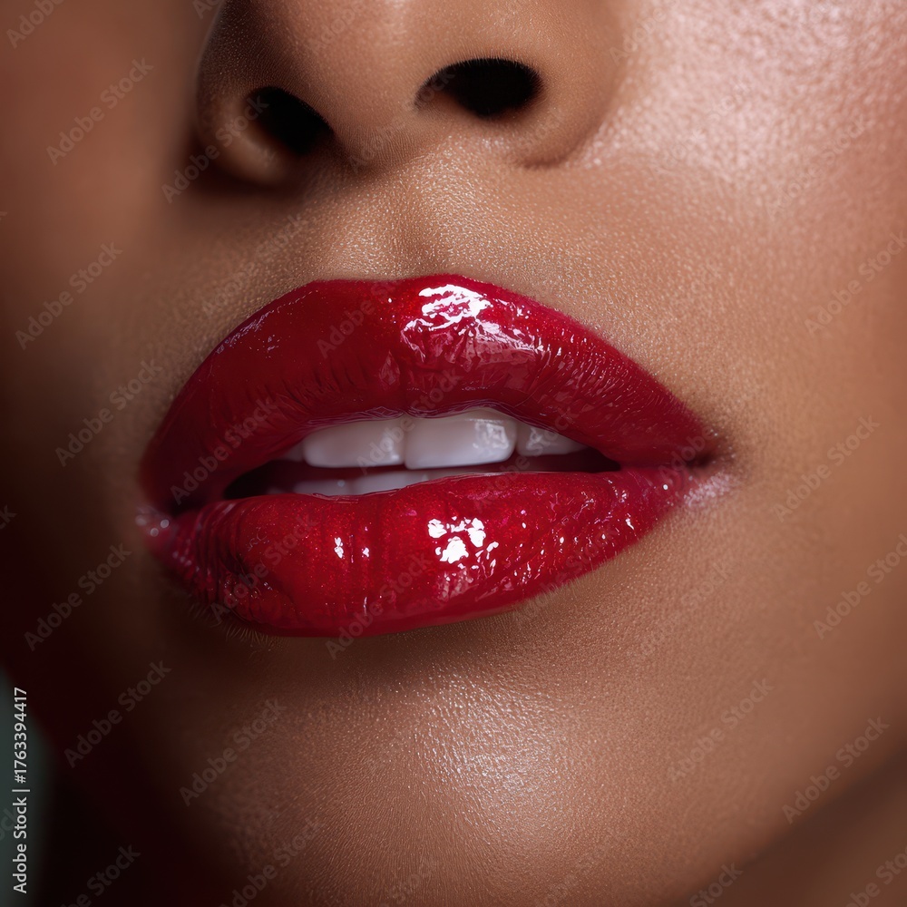 Fototapeta premium African American Lip Gloss. Beautiful Woman with Shiny Red Lips