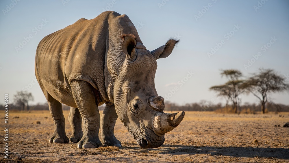 Fototapeta premium Majestic Rhinoceros Roaming African Savanna Amid Sparse Acacia Trees