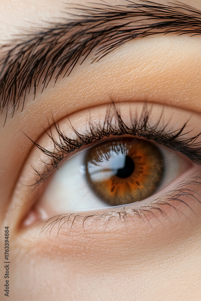 Fototapeta premium Close-up of a captivating hazel eye. The intricate details of the iris, lashes, and eyebrow are visible, showcasing the beauty of the human eye and the artistry of nature.