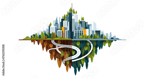 Cityscape Illustration Depicting Urban and Natural Environments.
