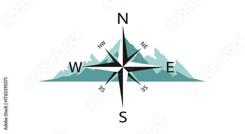 Compass Rose and Mountain Range Illustration for Navigation.