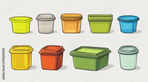 Cartoon style assorted plastic food containers on a light grey background