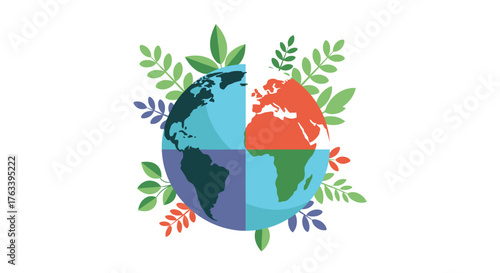 Earth divided into four sections with leaves around it.