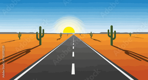 Endless Asphalt Road Through a Desert Landscape at Sunrise.