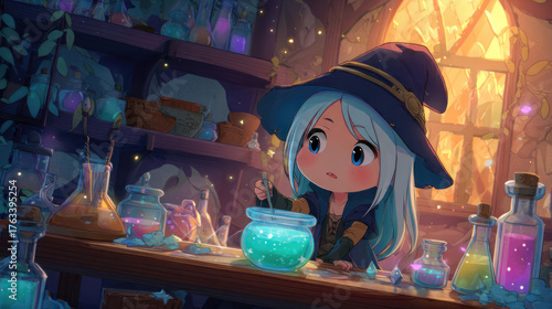 Cartoon witch stirs glowing potion in cluttered workshop with window light
