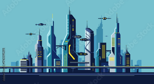Futuristic Cityscape with Flying Vehicles and Modern Architecture.