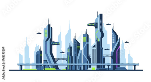 Futuristic city skyline with advanced architectural skyscrapers.