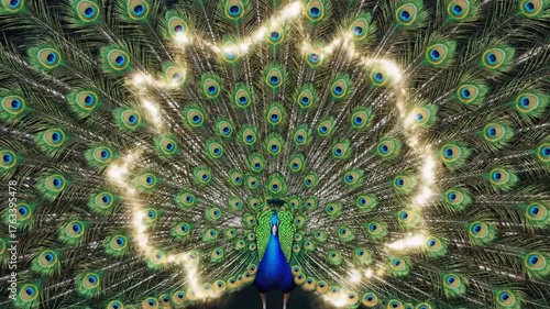 Majestic Peacock Displaying Vibrant Feathers with Illuminated Light Effects in Video