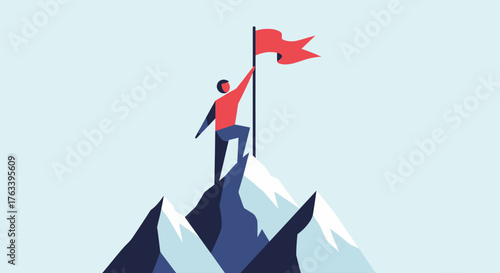 Man Standing on Mountain Peak Planting Flag.