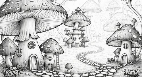 Whimsical fantasy mushroom village with intricate details and a winding cobblestone path leading to a castle