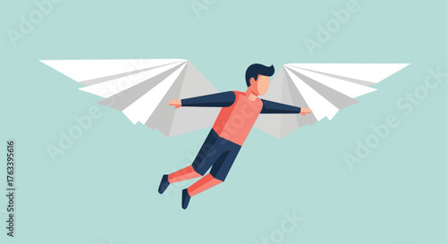Man soaring through the air with paper wings.