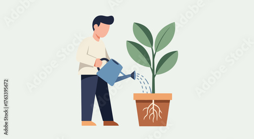 Man watering a potted plant with visible roots.