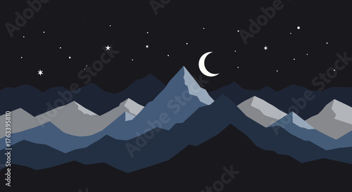 Night Sky Over Majestic Mountains with Crescent Moon and Twinkling Stars.