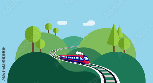 Modern Train Journey Through Lush Green Hills and Serene Landscape.