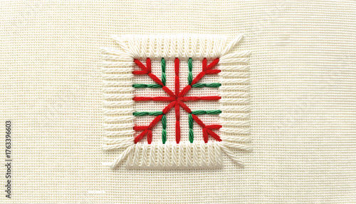 Geometric needlepoint pattern illustration. Red and green star motif on canvas. Vector design for handmade crafts and holiday themes
