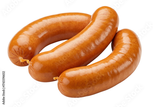 Bild auf Leinwand Isolated sausages stacked together, delicious smoked meat, ready to cook, fresh