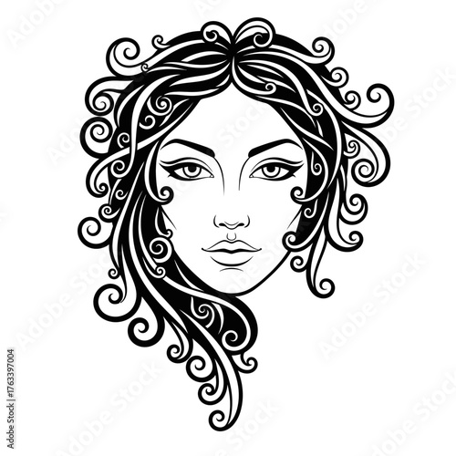 Beautiful Woman Face with Ornate Curly Hair Black and White Line Art.
