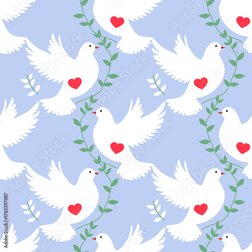 Seamless pattern with white doves, red hearts, and green branches on a blue background. Symbol of peace and love, perfect for Valentine’s Day, weddings, and romantic designs