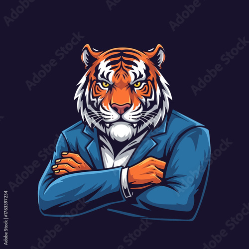 Confident Tiger in a Blue Suit with Folded Arms.