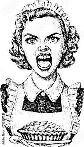 Angry woman holding a pie in a vintage kitchen. Detailed vector illustration showcasing emotion and expression in cooking context.