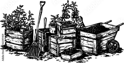 Garden tools and planters in vintage line drawing style. This set showcases plants with a gnome and wheelbarrow in a natural setting, presented in vector format.