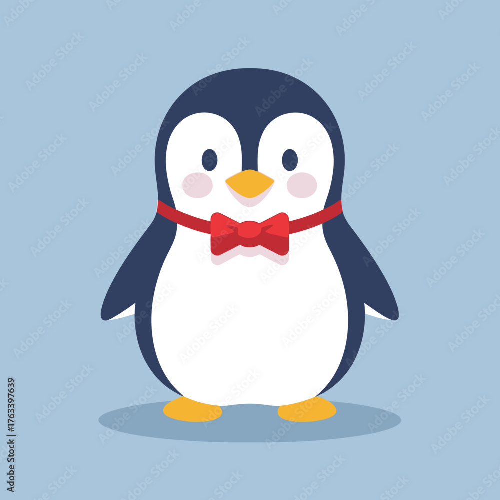 Naklejka premium Cute Cartoon Penguin Wearing a Red Bow Tie on a Light Blue Background.