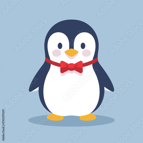 Cute Cartoon Penguin Wearing a Red Bow Tie on a Light Blue Background.