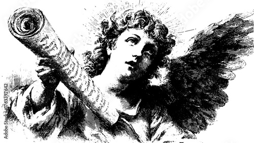 Vintage angel holding a scroll in a detailed outline style. This religious vector illustration reflects a classic figure with black and white engravings.