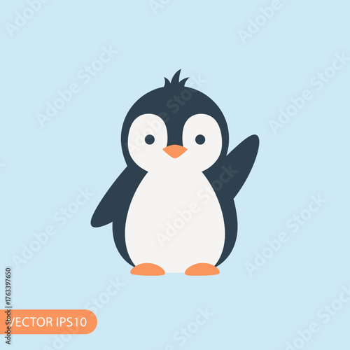 Cute Cartoon Penguin Waving Hello on a Light Blue Background.