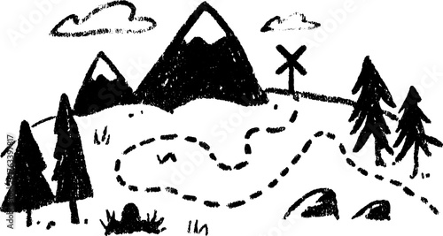 Landscape vector illustration featuring mountains, trees, and a winding path. Simple black and white drawing emphasizes outdoor scenery.