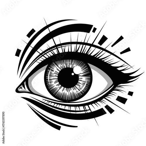 Detailed human eye illustration with abstract geometric elements, black and white, focused on the iris and pupil.