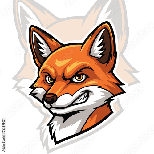 Fierce Fox Head Mascot Logo Design with Intense Gaze and Sharp Teeth.