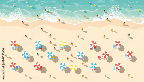 Crowded beach scene from a top-down aerial view. Summer vacation and travel concept. Flat design vector illustration