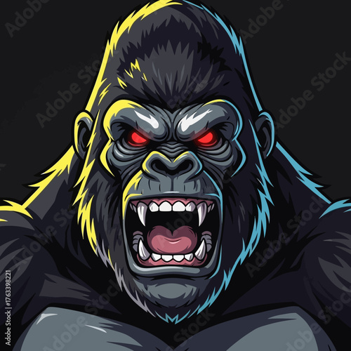 Furious Gorilla with Glowing Red Eyes and Open Mouth Roaring.