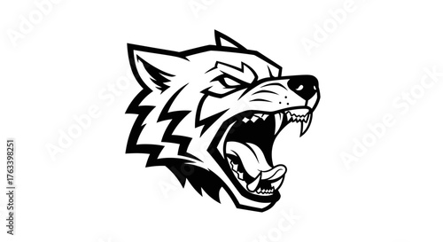 Furious Wolf Head Roaring with Sharp Fangs and Intense Eyes, Black and White Vector Illustration.