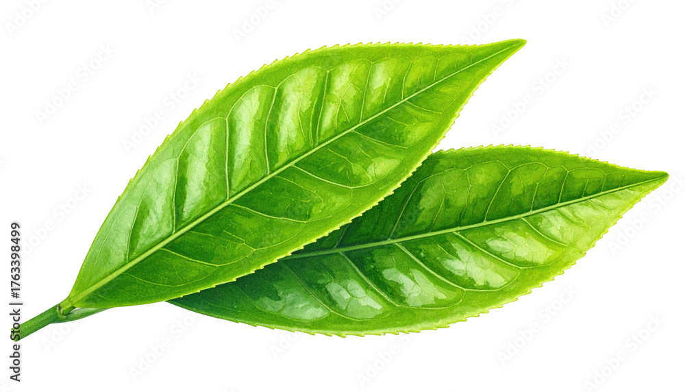 Fototapeta premium Two vibrant green tea leaves with detailed veins, illuminated against a stark black background