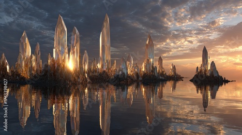 Crystal city reflecting on calm waters at sunset