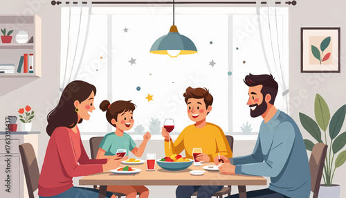 Happy family having dinner together at home. Flat cartoon vector illustration of parents and children eating a meal. Togetherness and celebration concept