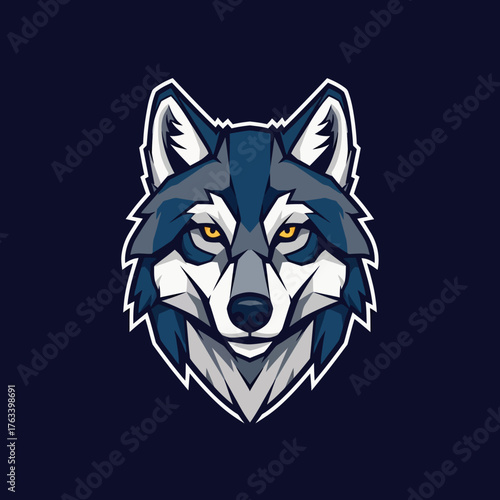 Intense Gaze of a Stylized Wolf Head Illustration on Dark Background.
