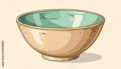 Cartoon style vector illustration of an empty bowl. Hand-drawn ceramic dishware for food and cooking themes. Isolated graphic element
