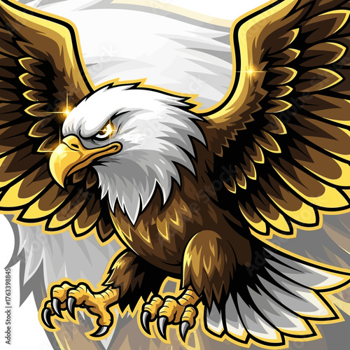 Majestic Bald Eagle Mascot Illustration with Intense Gaze and Spread Wings.