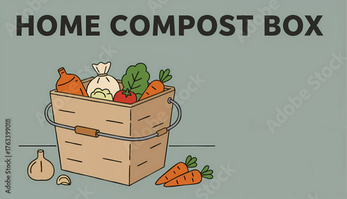 Home compost box vector illustration. Organic food waste and vegetable scraps for recycling. Sustainable living and gardening concept
