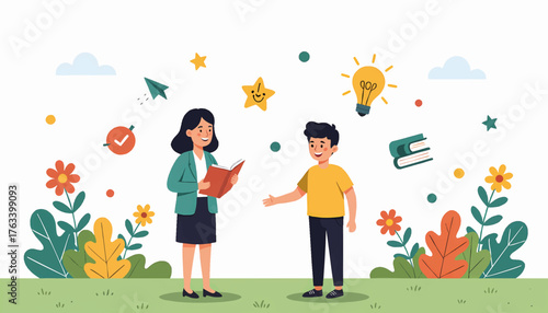 A female teacher explaining a book to a male student outdoors. Flat vector illustration for education and learning concepts.
