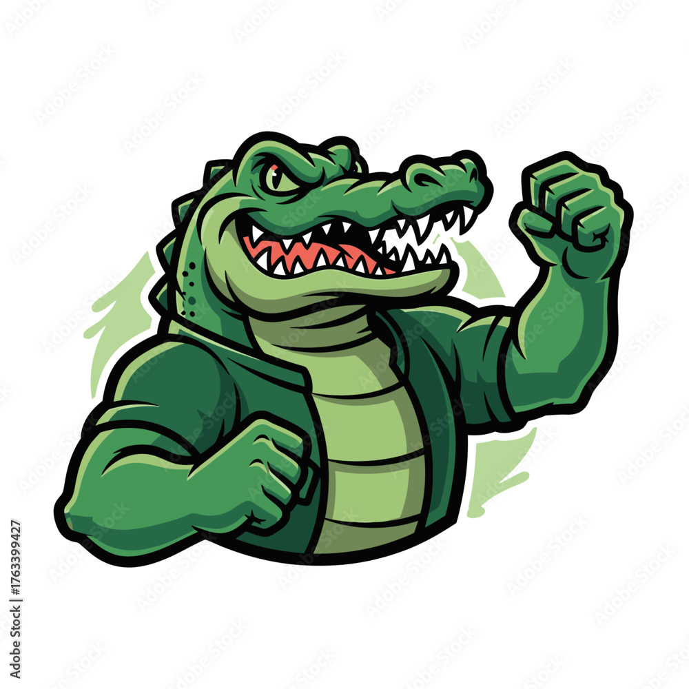 Obraz premium Powerful Alligator Mascot Flexing Bicep in Cartoon Style.