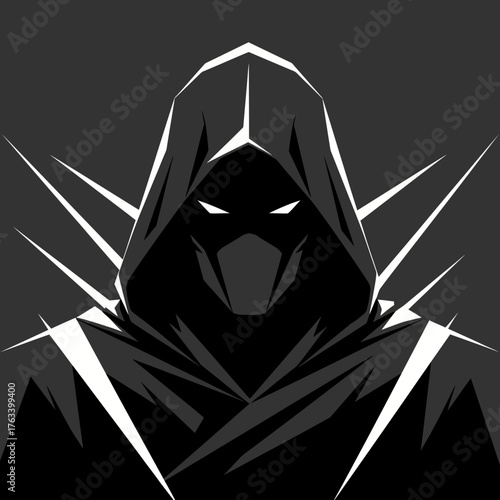 Mysterious Hooded Figure with Glowing Eyes and Spiked Shoulders.