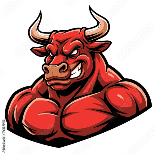 Muscular Red Bull Mascot with Horns and Grin.
