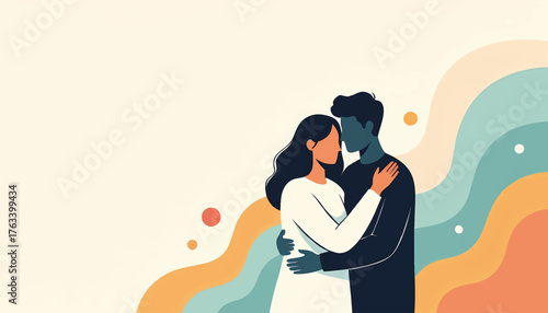 A couple embracing in a loving hug. Flat design vector illustration of a man and woman. Modern abstract background for relationship and romance concepts